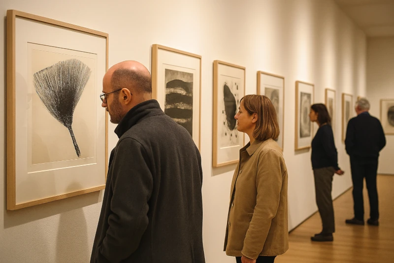 Besucher einer Druckgrafikausstellung, KI-generiert mit Copilot