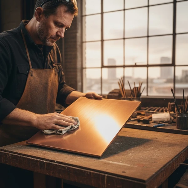 Künstler poliert eine Kupferplatte. Bild KI-generiert