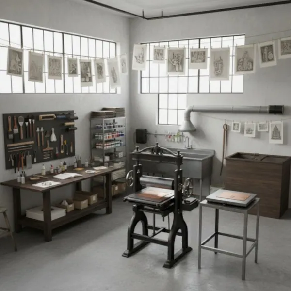 Bild einer Radierwerkstatt mit KI generiert. © Wolfgang Autenrieth