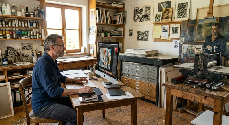 Kontaktadressen zu Radiertechniken: Künstler am PC in seinem Atelier. Bild KI-generiert