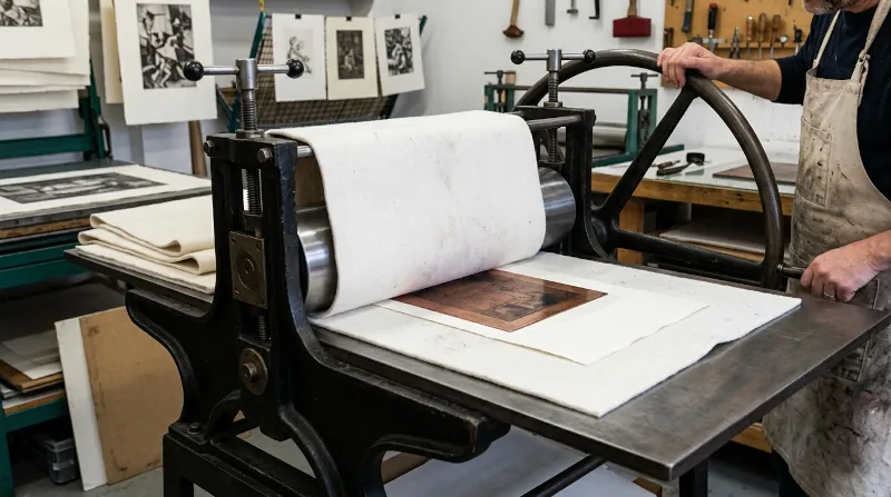 Radierdruckpresse mit Druckfilz und Kupferplatte