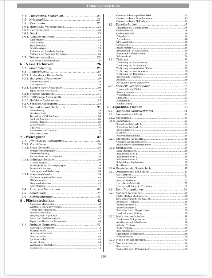 Auszug aus dem Inhaltsverzeichnis / der Kapitelübersicht vom Buch "Techniken der Radierung"